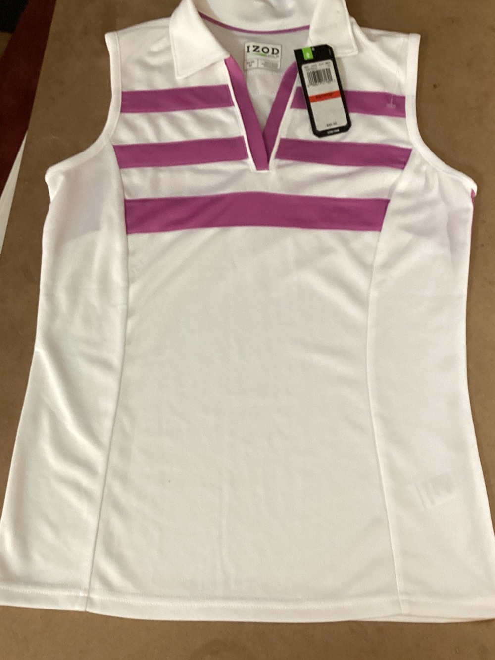 Izod White Sleeveless Polo Tank with Ppurple Stripe Accents